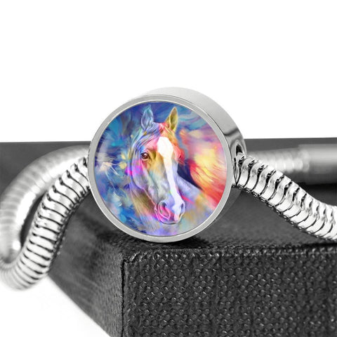 Friesian Horse Print Circle Charm Steel Bracelet-Free Shipping