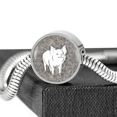 Cute Middle White Pig Print Circle Charm Steel Bracelet-Free Shipping