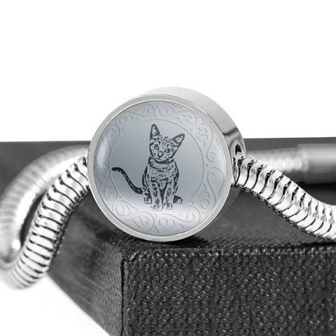 Russian Blue Cat Art Print Circle Charm Steel Bracelet-Free Shipping