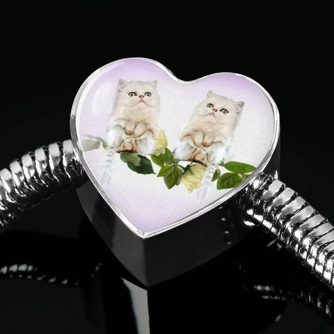 White Persian Cat Print Heart Charm Steel Bracelet-Free Shipping