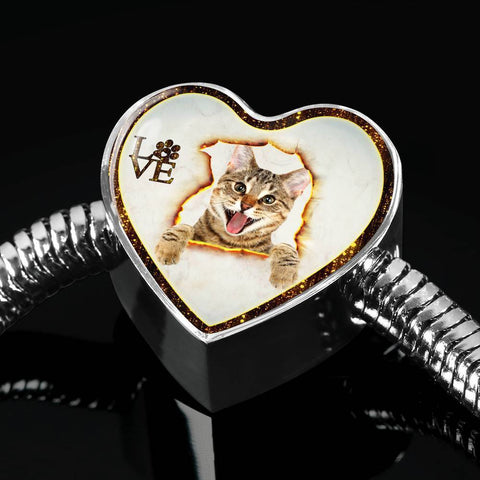 Lovely Bengal Cat Print Heart Charm Steel Bracelet-Free Shipping