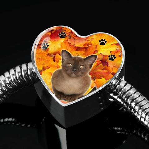 Burmese Cat Print Heart Charm Steel Bracelet-Free Shipping