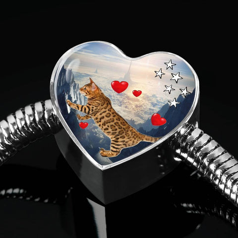 California Spangled Cat Print Heart Charm Steel Bracelet-Free Shipping