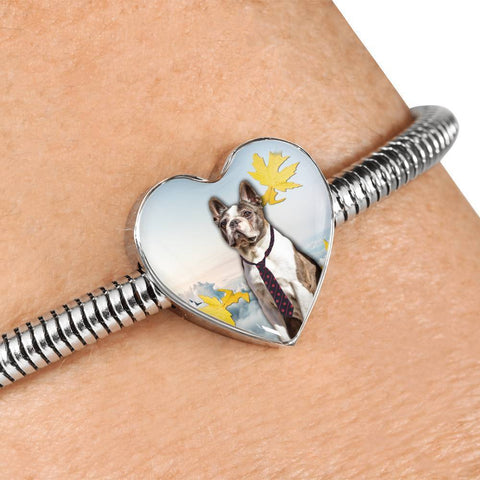 Cute Boston Terrier Print Heart Charm Steel Bracelet-Free Shipping