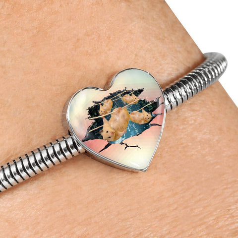 Golden Hamster Hanging Print Heart Charm Steel Bracelet-Free Shipping