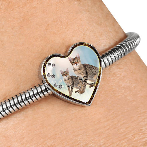 Savannah Cat Print Heart Charm Steel Bracelet-Free Shipping