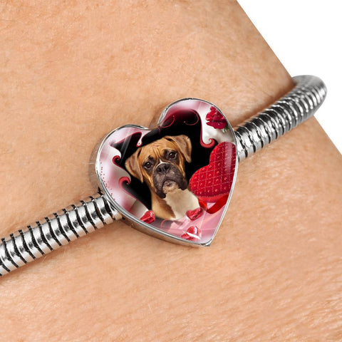 Boxer Dog Print Heart Charm Steel Bracelet-Free Shipping