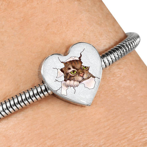 Amazing Cat Art Print Heart Charm Steel Bracelet-Free Shipping