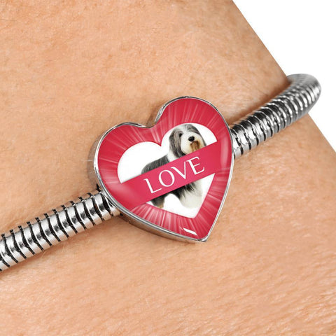 Bearded Collie Dog Print Heart Charm Steel Bracelet-Free Shipping