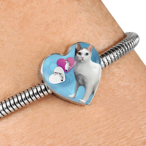 Japanese Bobtail Cat Print Heart Charm Steel Bracelet-Free Shipping