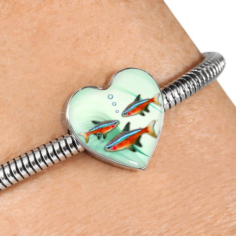 Neon Tetra Fish Print Heart Charm Steel Bracelet-Free Shipping