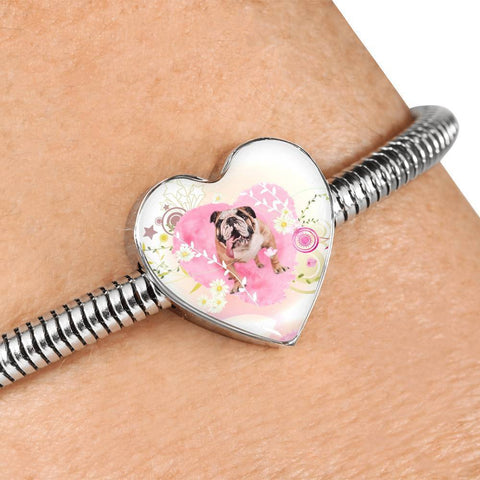 Bulldog Print Heart Charm Steel Bracelet-Free Shipping