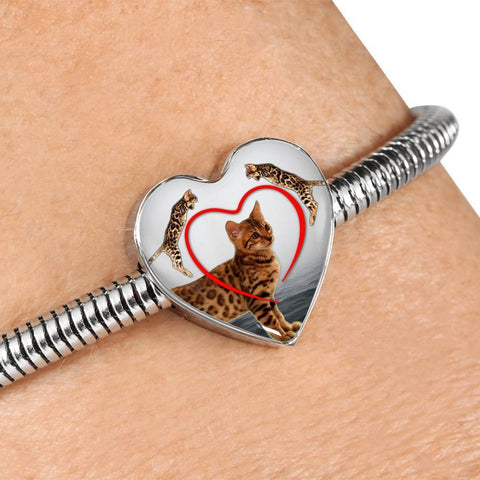 Bengal Cat Print Heart Charm Steel Bracelet-Free Shipping
