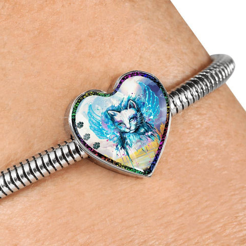Cat Watercolor Art Print Heart Charm Steel Bracelet-Free Shipping