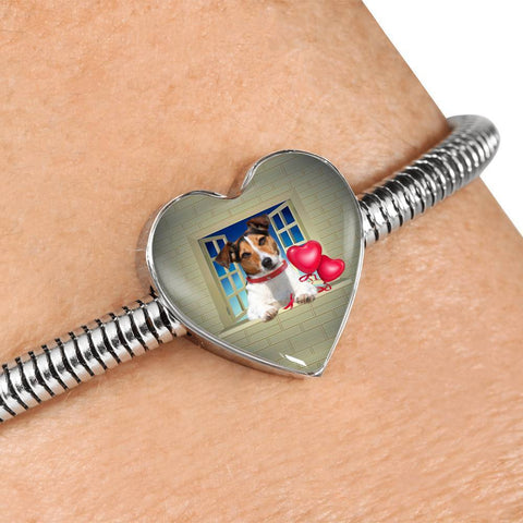 Cute Jack Russell Terrier On Window Print Heart Charm Steel Bracelet-Free Shipping