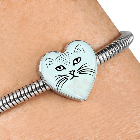 Cute Cat Face Print Heart Charm Steel Bracelet-Free Shipping