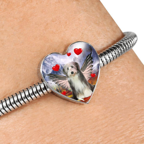 Bearded Collie Print Heart Charm Steel Bracelet-Free Shipping