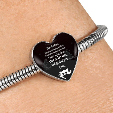 Cute Cat Print Heart Charm Steel Bracelet-Free Shipping