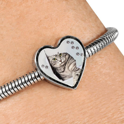 Charming Cat Art Print Heart Charm Steel Bracelet-Free Shipping