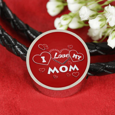 'I Love MY MOM' Red Print Circle Charm Leather Bracelet-Free Shipping