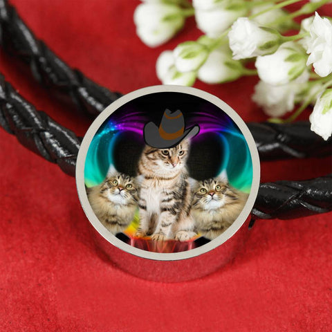 Siberian Cat Print Circle Charm Leather Bracelet-Free Shipping