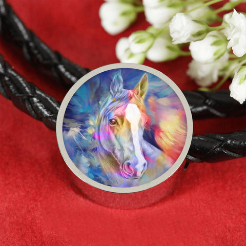 Friesian Horse Print Circle Charm Leather Bracelet-Free Shipping