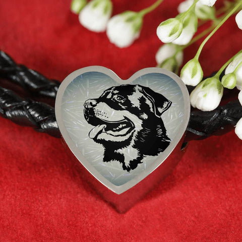 Rottweiler Dog Black&White Art Print Heart Charm Leather Woven Bracelet-Free Shipping