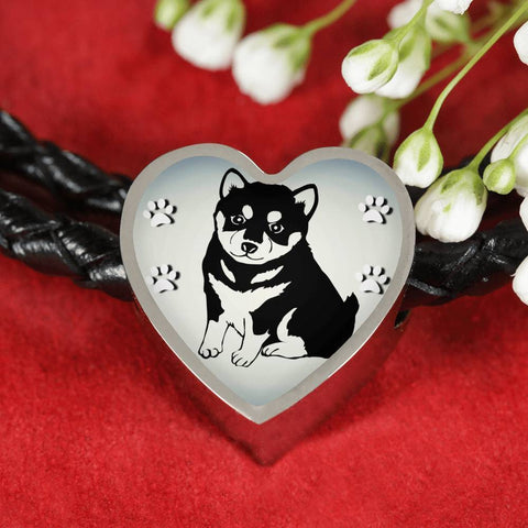 Shiba Inu Dog Print Heart Charm Leather Woven Bracelet-Free Shipping