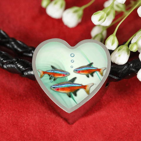 Neon Tetra Fish Print Heart Charm Leather Woven Bracelet-Free Shipping