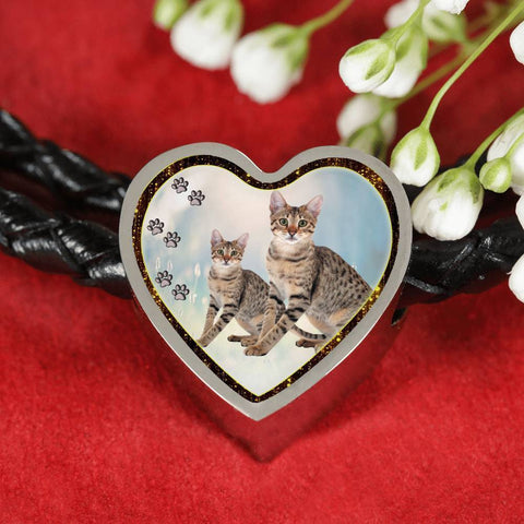 Savannah Cat Print Heart Charm Leather Woven Bracelet-Free Shipping
