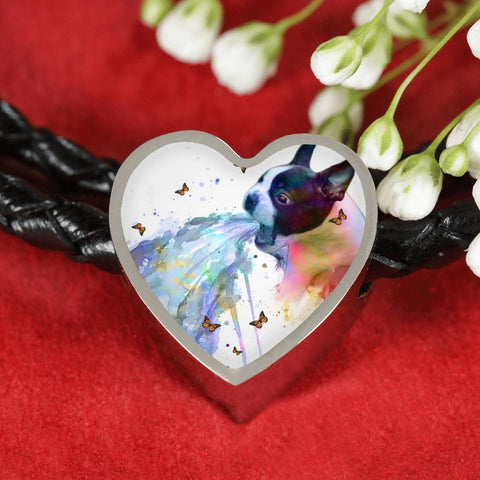 Amazing Colorful Boston Terrier Print Heart Charm Leather Bracelet-Free Shipping