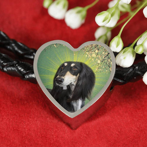 Black Saluki Dog Print Heart Charm Leather Bracelet-Free Shipping
