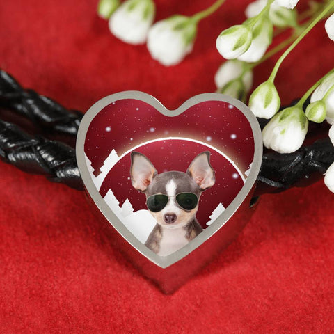 Chihuahua Print Heart Charm Leather Bracelet-Free Shipping