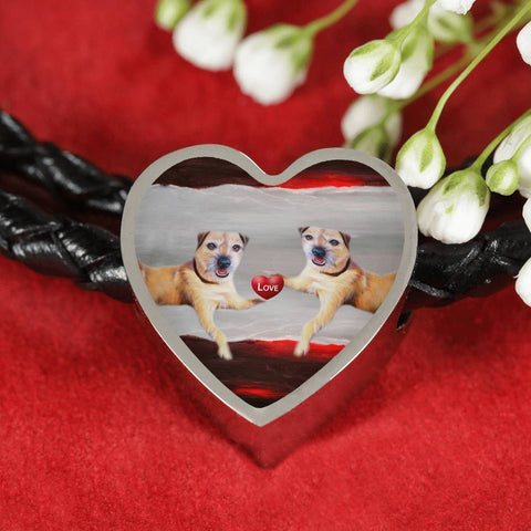 Border Terrier Print Heart Charm Leather Bracelet-Free Shipping