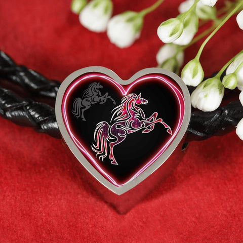 Horse Pink Art Print Heart Charm Leather Woven Bracelet-Free Shipping