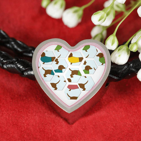 Dachshund Dog Art Print Heart Charm Leather Woven Bracelet-Free Shipping