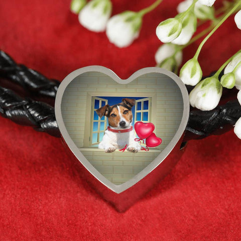 Cute Jack Russell Terrier On Window Print Heart Charm Leather Bracelet-Free Shipping