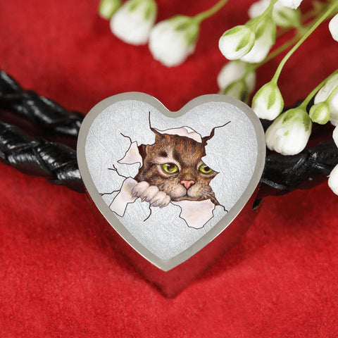 Amazing Cat Art Print Heart Charm Leather Woven Bracelet-Free Shipping