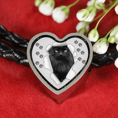 Nebelung Cat Print Heart Charm Leather Woven Bracelet-Free Shipping