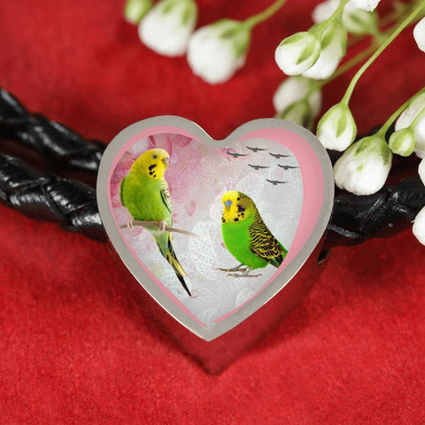 Budgerigar Parrot Print Heart Charm Leather Woven Bracelet-Free Shipping