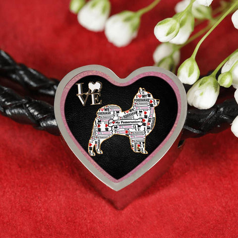 Pomeranian Dog Love Print Heart Charm Leather Woven Bracelet-Free Shipping