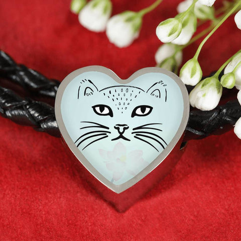 Cute Cat Face Print Heart Charm Leather Bracelet-Free Shipping