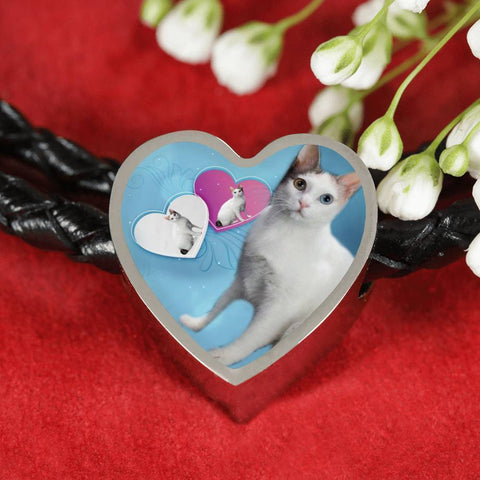 Japanese Bobtail Cat Print Heart Charm Leather Bracelet-Free Shipping