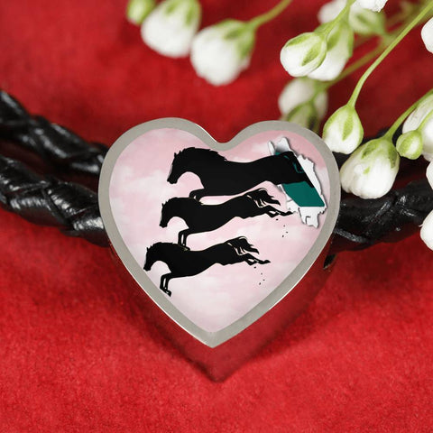 Horse Running Art Print Heart Charm Leather Woven Bracelet-Free Shipping
