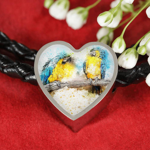 Blue And Yellow Macaw Parrot Art Print Heart Charm Leather Woven Bracelet-Free Shipping