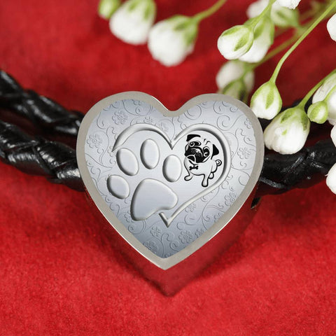 Pug Paws Print Heart Charm Leather Bracelet-Free Shipping