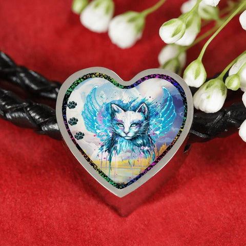 Cat Watercolor Art Print Heart Charm Leather Woven Bracelet-Free Shipping