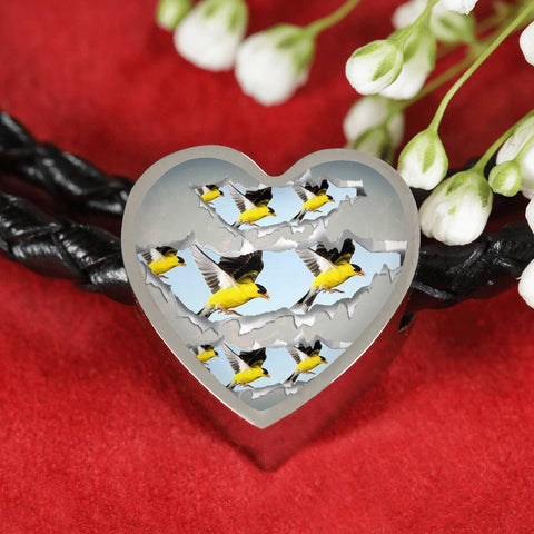 American Goldfinch Bird Print Heart Charm Leather Woven Bracelet-Free Shipping