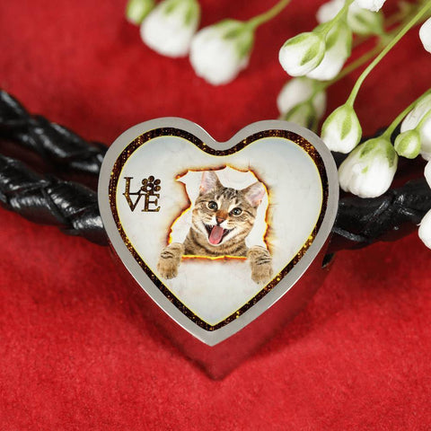 Lovely Bengal Cat Print Heart Charm Leather Woven Bracelet-Free Shipping