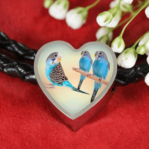 Blue Budgie Parrot Print Heart Charm Leather Woven Bracelet-Free Shipping